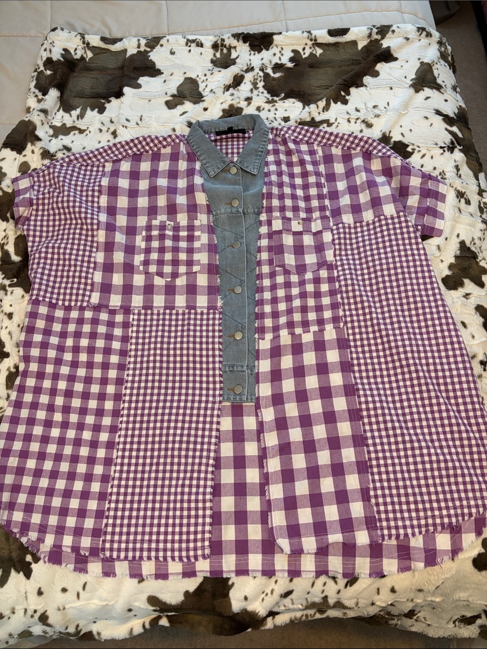Purple Gingham Patchwork women’s way oversized shirt Shirt with Denim Trim